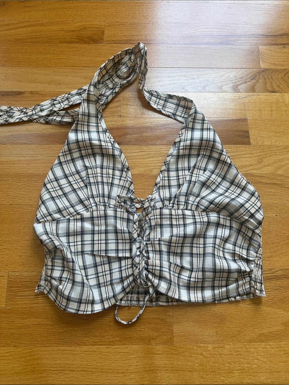 Cider Plaid Halter Crop Top - Cream/Black